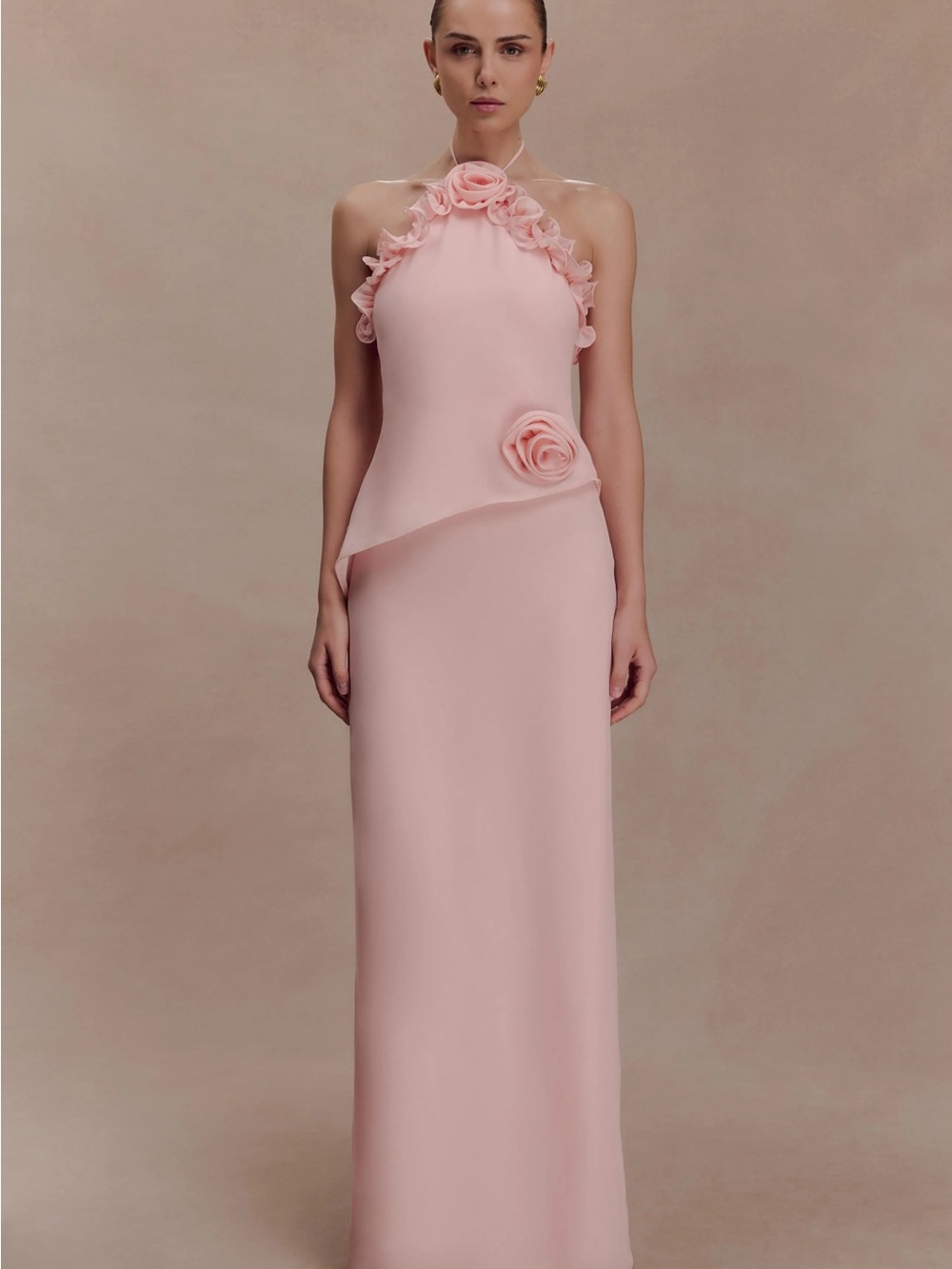 Blush Pink Halter Maxi Dress with Floral Rosette Detail